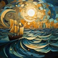 Golden Cubism Seascape Abstract Painting