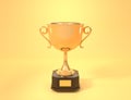 Golden cup, award trophy or winner prize on wooden pedestal with empty plate, front view. Shiny metal goblet with gold Royalty Free Stock Photo