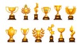 Golden cup. Cartoon winning award. Sport competitions trophy of gold. Blank achievement reward with handles. First place