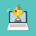 Golden cup championship prize with money icon. Award first place on Laptop, computer symbol Royalty Free Stock Photo