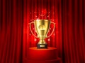 Golden cup with curtain. Realistic champion goblet on red pedestal. Award ceremony. Draped velvet fabric. First place