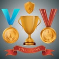 Golden cup and medals with ribbons collection Royalty Free Stock Photo