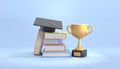 Golden cup with stack books and square academic cap. Graduation from high school, college or university with honors or Royalty Free Stock Photo