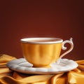 Golden cup of tea on saucer with silky drape on brown background