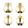 Golden cup trophy with laurel. Sports music or other competitions winner awards, realistic victory goblet with wreath