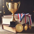 Golden Cup Trophy and Medal on a Stack of Books. ai generative Royalty Free Stock Photo