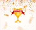 Golden cup trophy with red ribbon and winner text vector illustration. Sports high award on light background with