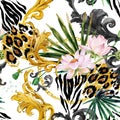 Golden curl and tropical background seamless pattern. leopard fashion skin. Lotus Flower Royalty Free Stock Photo