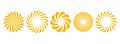 Golden curled sunburst circles collection. Stylized radial spinning elements. Yellow geometric round twisted rays, beams