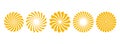 Golden curled sunburst collection. Stylized radial spinning elements. Yellow geometric round twisted rays, beams or