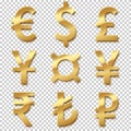 Golden currency sign set. Vector golden euro, dollar, pound, yen, yuan, rupee, lira and rouble signes isolated on