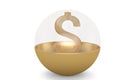 Golden currency symbol with gold ball isolated on white background. 3D illustration