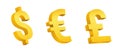 Golden currency symbols. Volume 3d signs of dollar and euro pound sterling