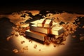 Golden currency, world finance, and 3D gold bars symbolize global investment