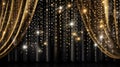 Golden curtains, shiny stars, glowing dots, black background, elegant, draped