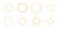 Golden curved sunburst frame set. Retro warped circle sunlight rays pack. Vintage wavy sunbeams design elements for logo