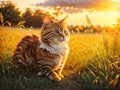 golden cute cat enjoying outdoors at a large grass field forest at sunset