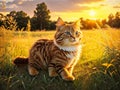 golden cute cat enjoying outdoors at a large grass field forest at sunset