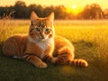 golden cute cat enjoying outdoors at a large grass field forest at sunset