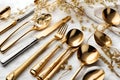 a golden cutlery on white table