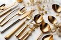 A golden cutlery on white table