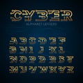 Golden Cyber Techno type font alphabet. Digital hi-tech style letters, numbers and symbols.