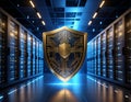 Golden Cybersecurity Shield: A massive, gleaming golden shield, made of circuit patterns, floats in front of a dark server room. Royalty Free Stock Photo