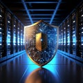 Golden Cybersecurity Shield: A massive, gleaming golden shield, made of circuit patterns, floats in front of a dark server room. Royalty Free Stock Photo
