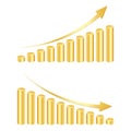 Golden cylinders bar graph with rising and decreasing arrows. Growth and reduction rate symbols. Column chart elements Royalty Free Stock Photo