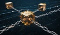 Golden 3 D blocks connected by metallic chains floating in a dark digital space Royalty Free Stock Photo