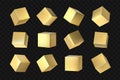 Golden 3D cubes. Geometric yellow packaging, product square container template. Realistic box from different angles with