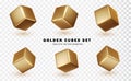 Golden 3d cubes set. Geometric gold square realistic collection