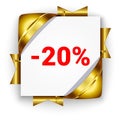 Golden 3d discount banner. White square background tied with rib