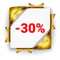 Golden 3d discount banner. White square background tied with rib