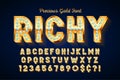 Golden 3d font with gems, gold letters and numbers.