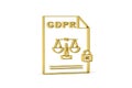Golden 3d GDPR document settings icon isolated on white background