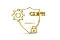 Golden 3d GDPR shield protection icon isolated on white background