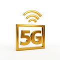 Golden 3D icon representing 5G wireless technology with signal waves above a square frame Royalty Free Stock Photo