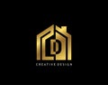 Golden D Letter Logo. Minimalist gold house shape with negative D letter, Real Estate Building Icon Design
