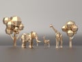 Golden 3d model low polygon Elephants, deer, giraffe.