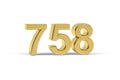 Golden 3d number 758 - Year 758 isolated on white background Royalty Free Stock Photo
