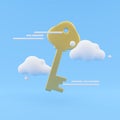 Golden 3d render key icon isolated on blue background - 3d render Royalty Free Stock Photo