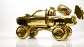 golden 3d rendering of a big car inside a studio