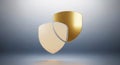 Golden 3D security shield icon floating on a gradient background, representing powerful data protection. Royalty Free Stock Photo