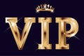 Golden 3d text with royal crown. VIP background template. Modern luxury design for vip card, club, party, invitation, premium,