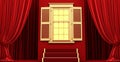 golden 3d window, Interior with gold window and red elegant Curtains.