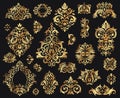 Golden damask ornament. Vintage floral sprigs pattern, baroque ornaments