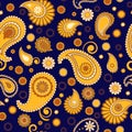 Golden on dark blue traditional oriental paisley floral seamless pattern, vector