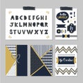 Golden and dark navy blue alphabets and design elements set