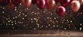 Golden and dark red metallic balloons with confetti and ribbons for festive celebrations